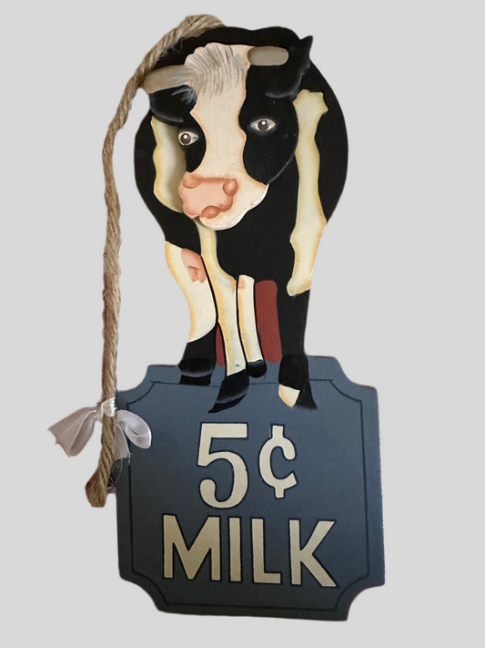"Milk 5 Cents 3D Cow with Bell Wooden Plaque Wall decoration"